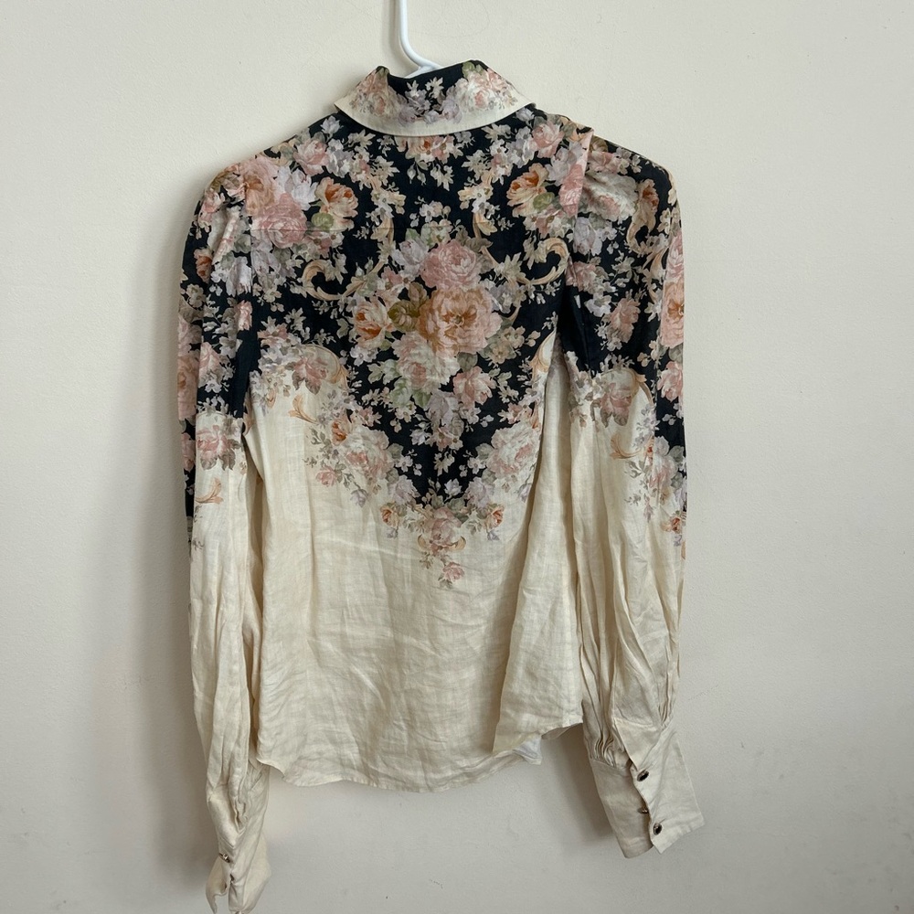 Zimmermann Illustration Body Shirt Linen Black and Cream Floral Blouse AU 1 - Picture 5 of 9